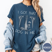 Comfort Colors tee in Midnight featuring graphic style X-ray ribcage with a small dog sitting inside.