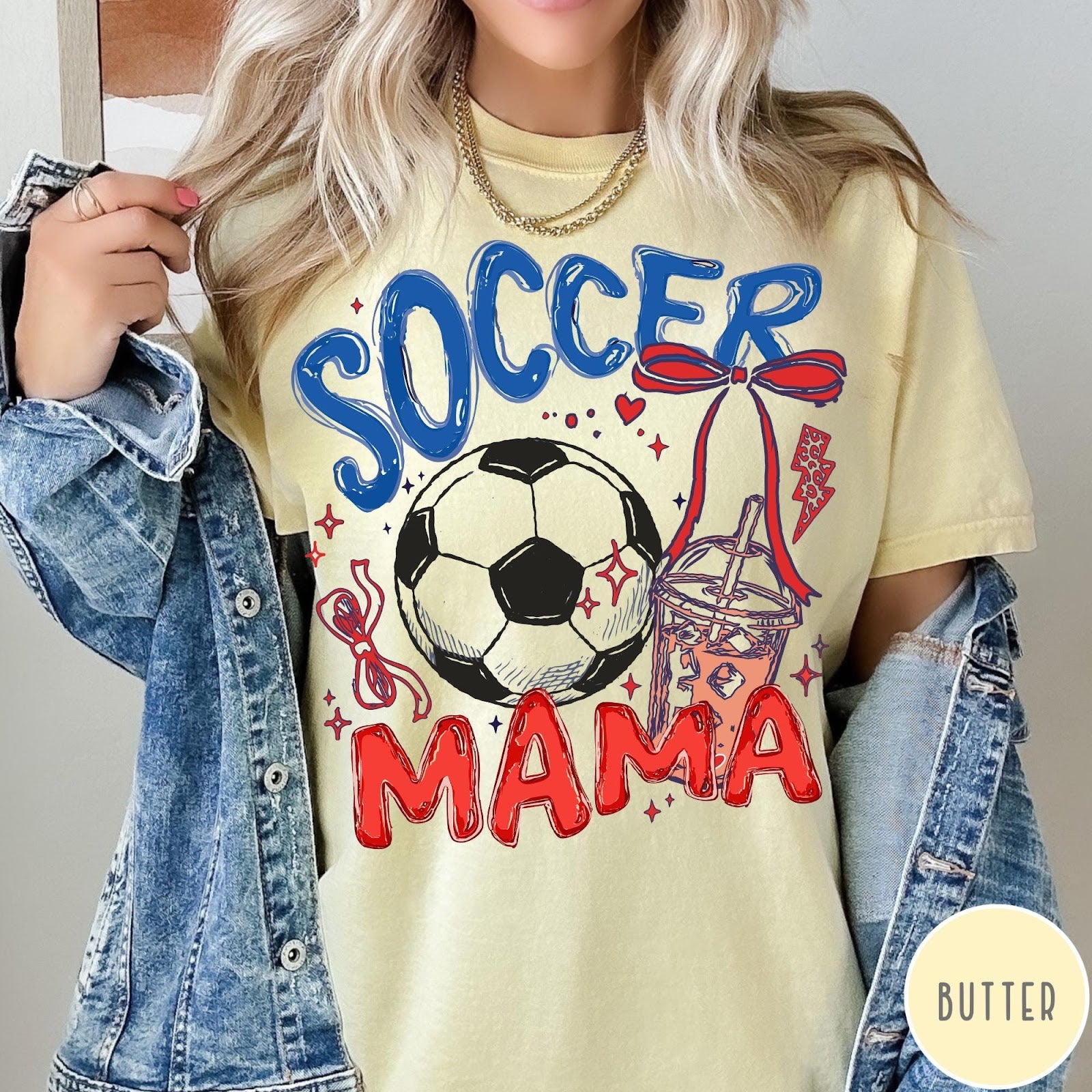 Comfort Colors tee in Butter featuring soccer design with a soccer ball and iced coffee graphic
