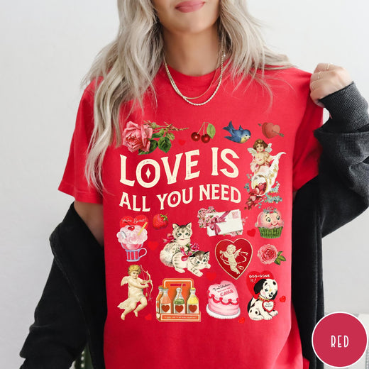 Comfort Colors tee in Red featuring Valentine's Day collage with kittens, cherubs, roses, and vintage graphic elements
