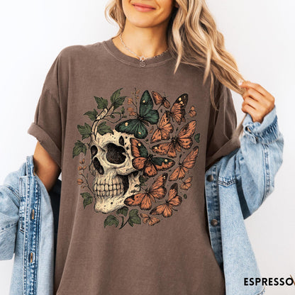 Comfort Colors tee in Espresso featuring vintage style graphic with a skull surrounded by various colorful butterflies