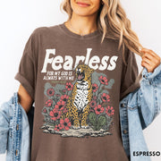 Comfort Colors tee in Espresso featuring vintage style leopard and flower graphic with Bible verse Isaiah 41:10