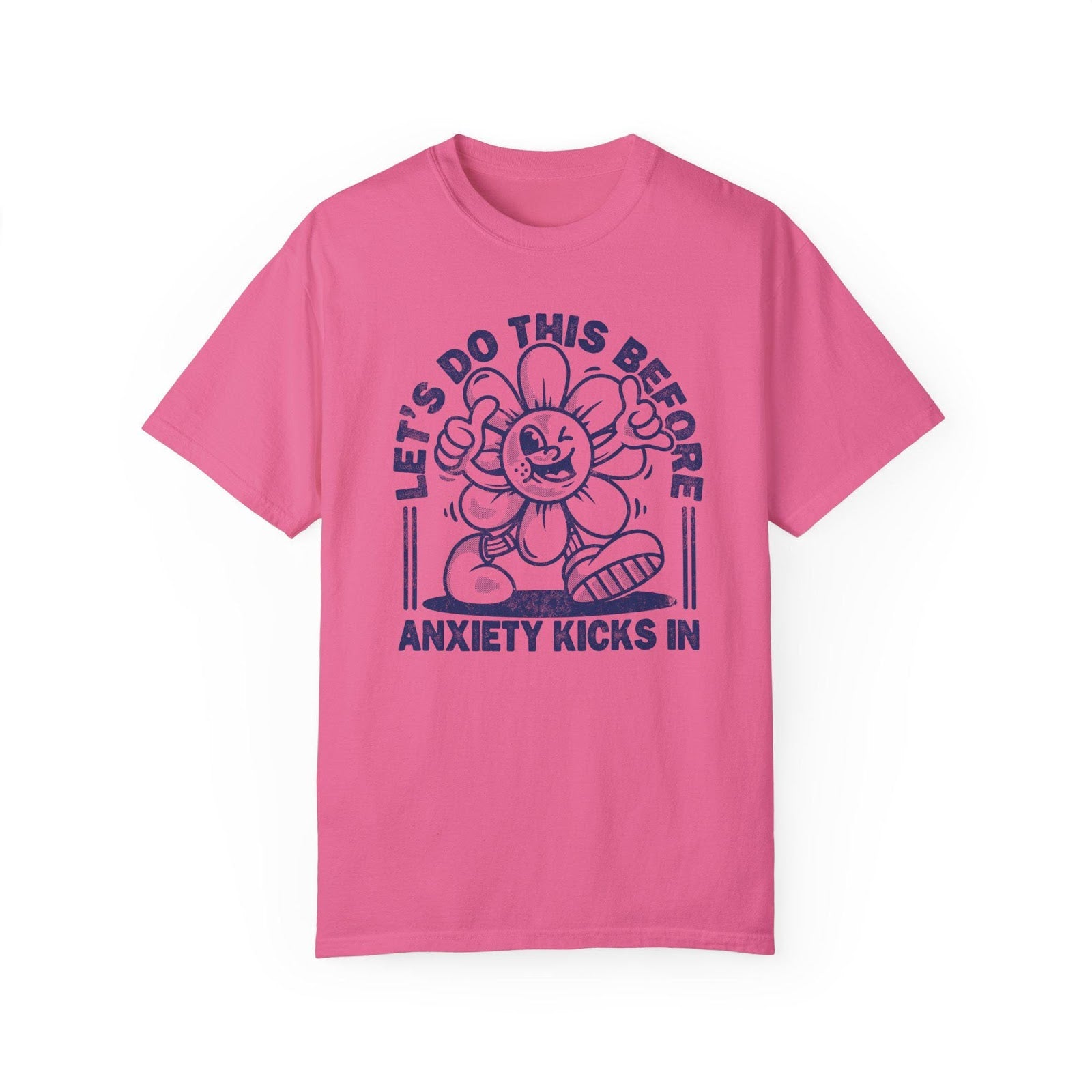 Comfort Colors tee in Crunchberry featuring retro graphic style winking flower character with anxiety text design
