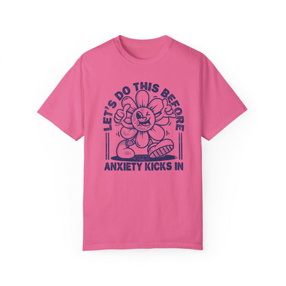 Comfort Colors tee in Crunchberry featuring retro graphic style winking flower character with anxiety text design