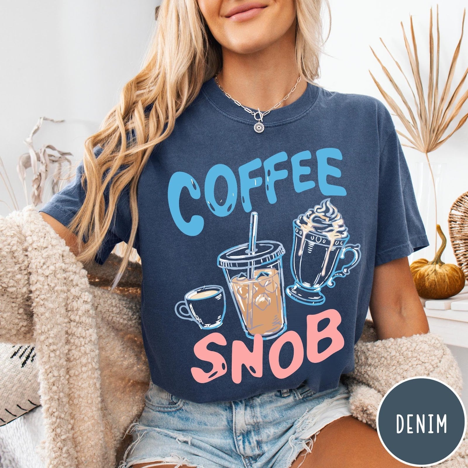 Comfort Colors tee in Denim featuring coffee themed graphic with iced coffee, espresso, and whipped cream drinks