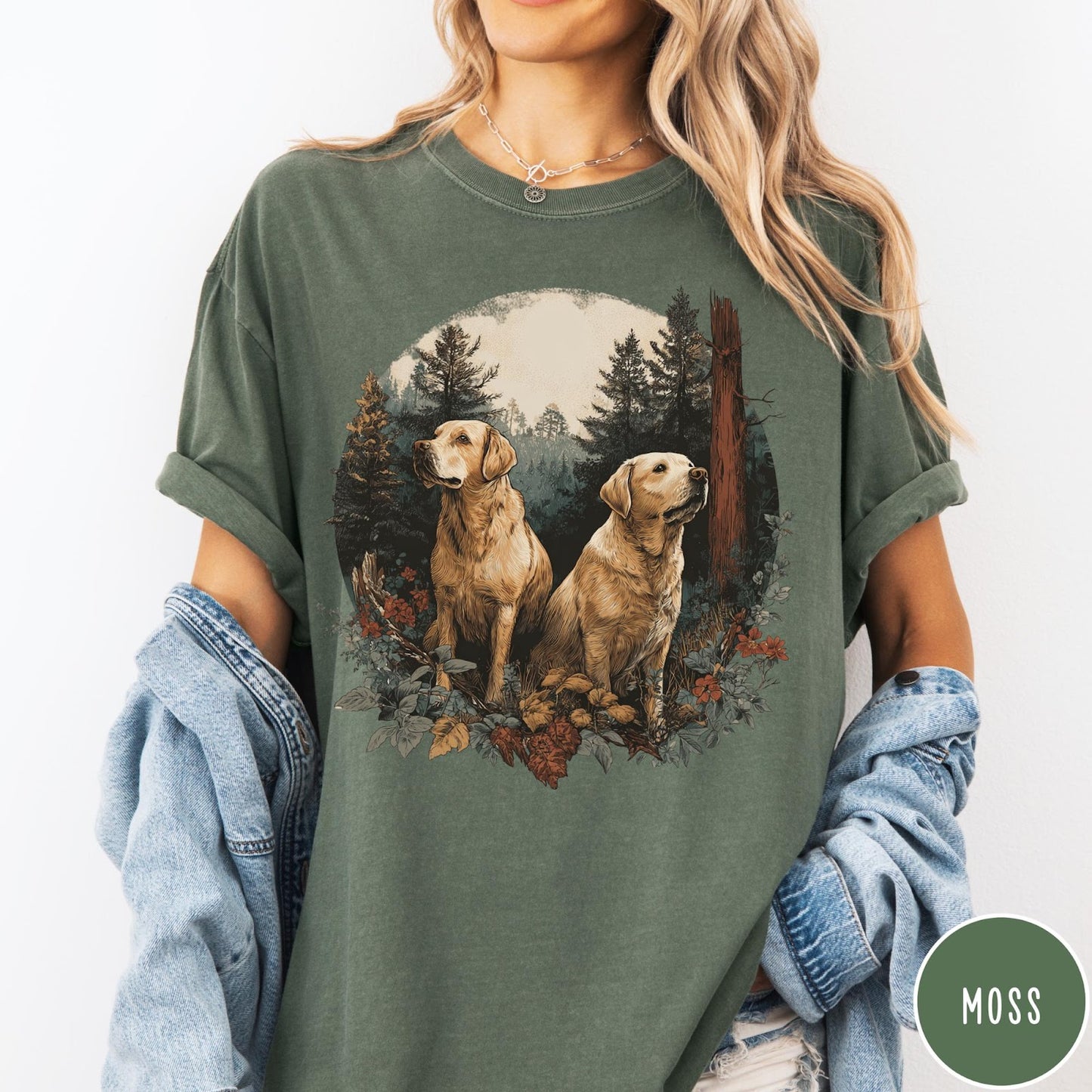 Comfort Colors tee in Moss featuring vintage style graphic of two golden labrador dogs in a forest