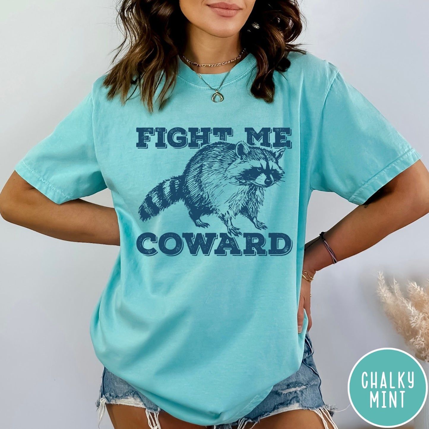 Comfort Colors tee in Chalky Mint featuring screen printed raccoon graphic with Fight Me Coward text design