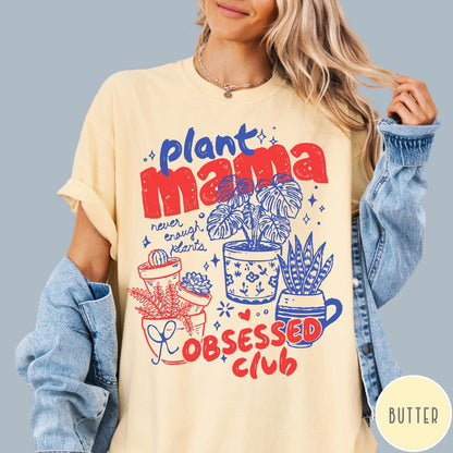 Comfort Colors tee in Butter featuring retro style graphic with potted plants and Plant Mama Obsessed Club text