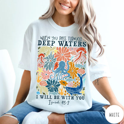 Comfort Colors tee in White featuring artistic marine life graphic with Isaiah 43:2 Bible verse text