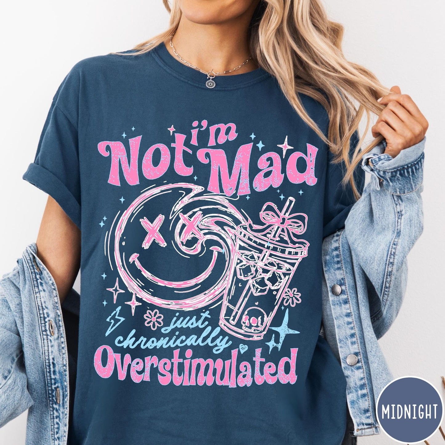 Comfort Colors tee in Midnight featuring retro style graphic with smiley face and iced coffee cup design