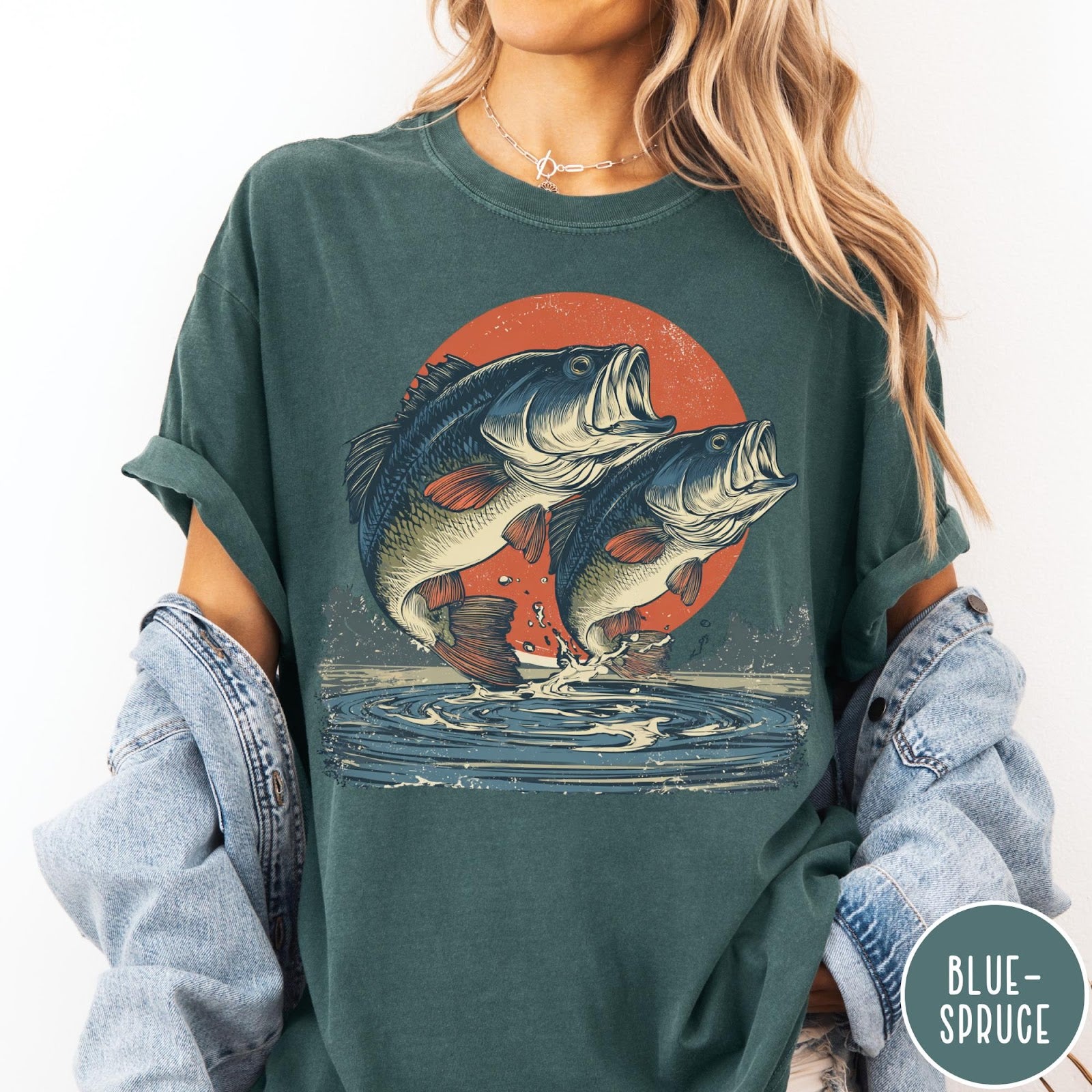 Comfort Colors tee in Blue Spruce featuring vintage style graphic of two bass fish jumping from water