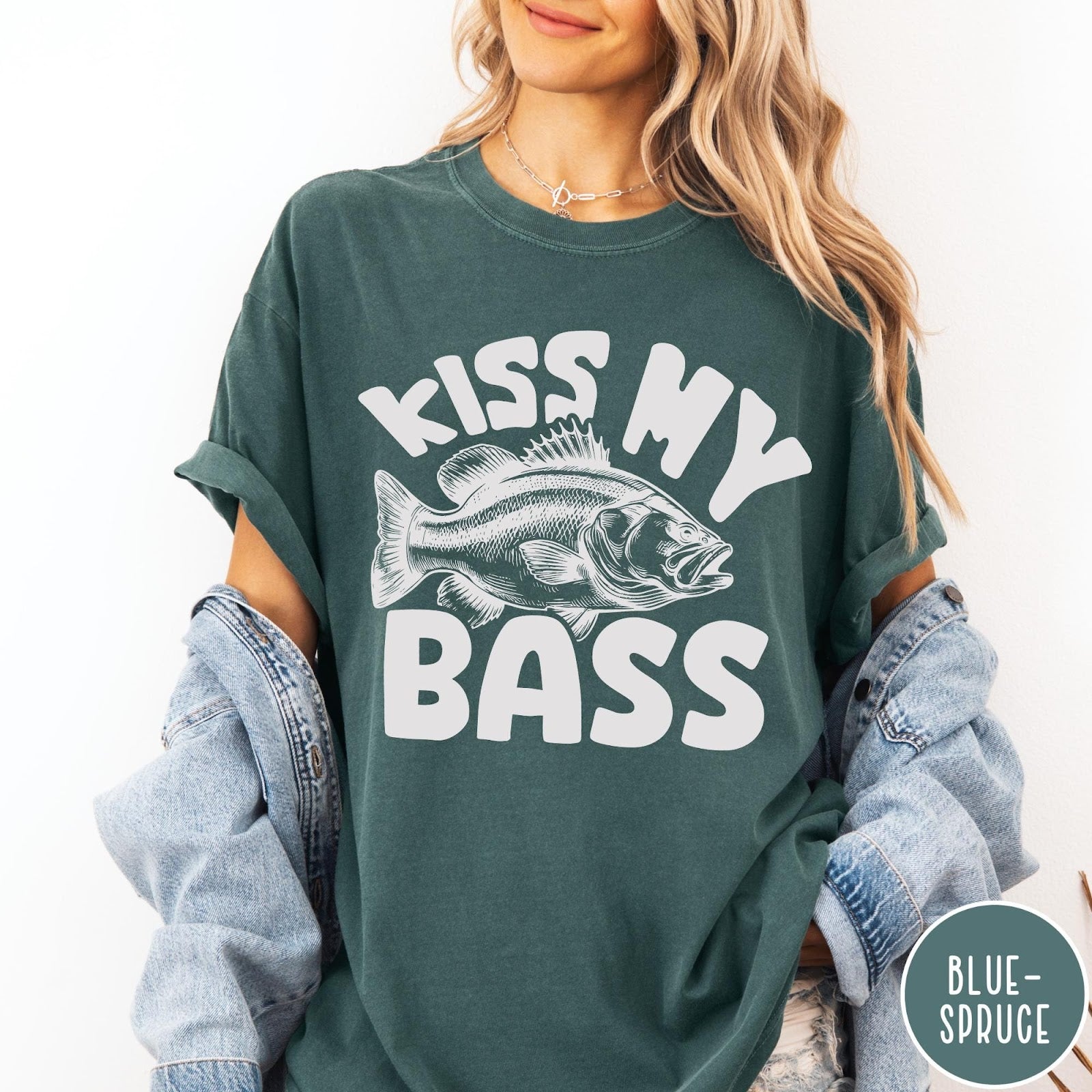 Comfort Colors tee in Blue Spruce featuring retro fishing style graphic with a bass fish and bold text