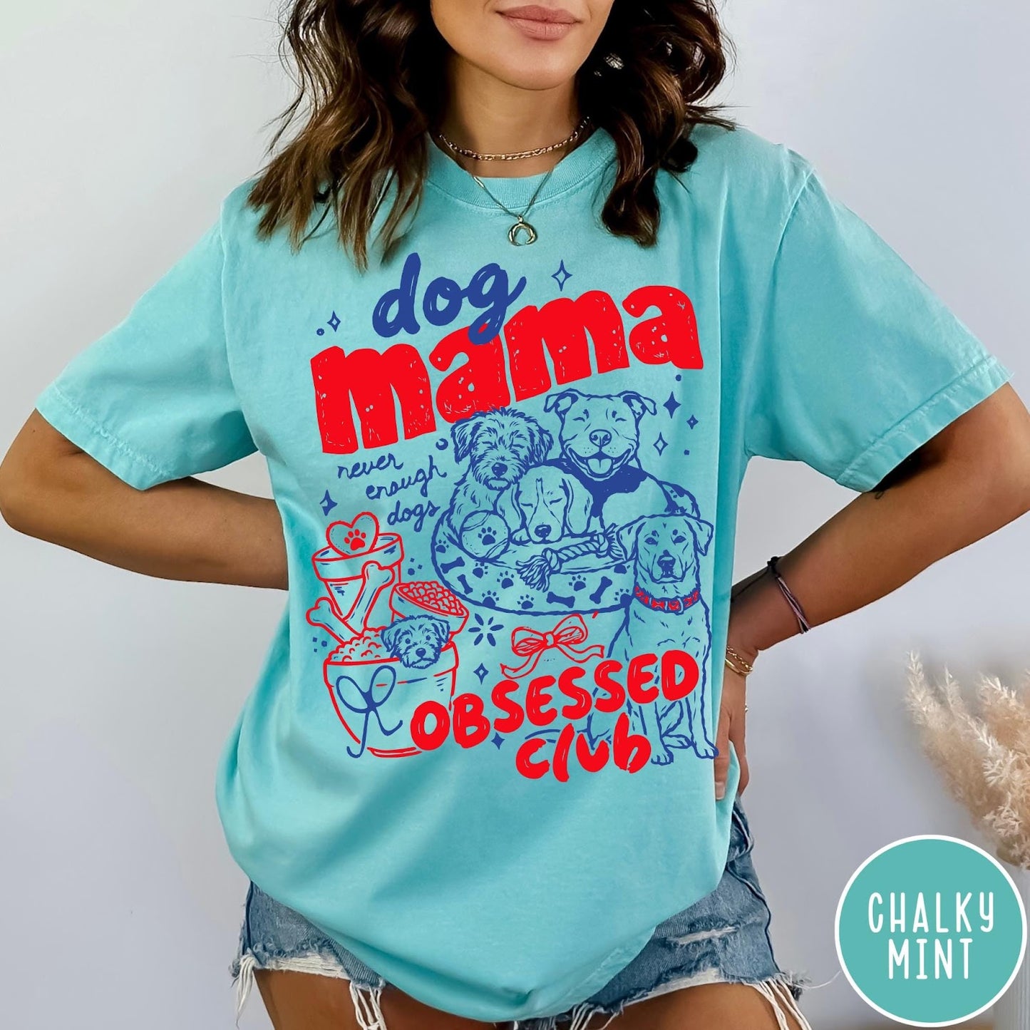 Comfort Colors tee in Chalky Mint featuring dog mom design style with multiple dog breeds and accessories