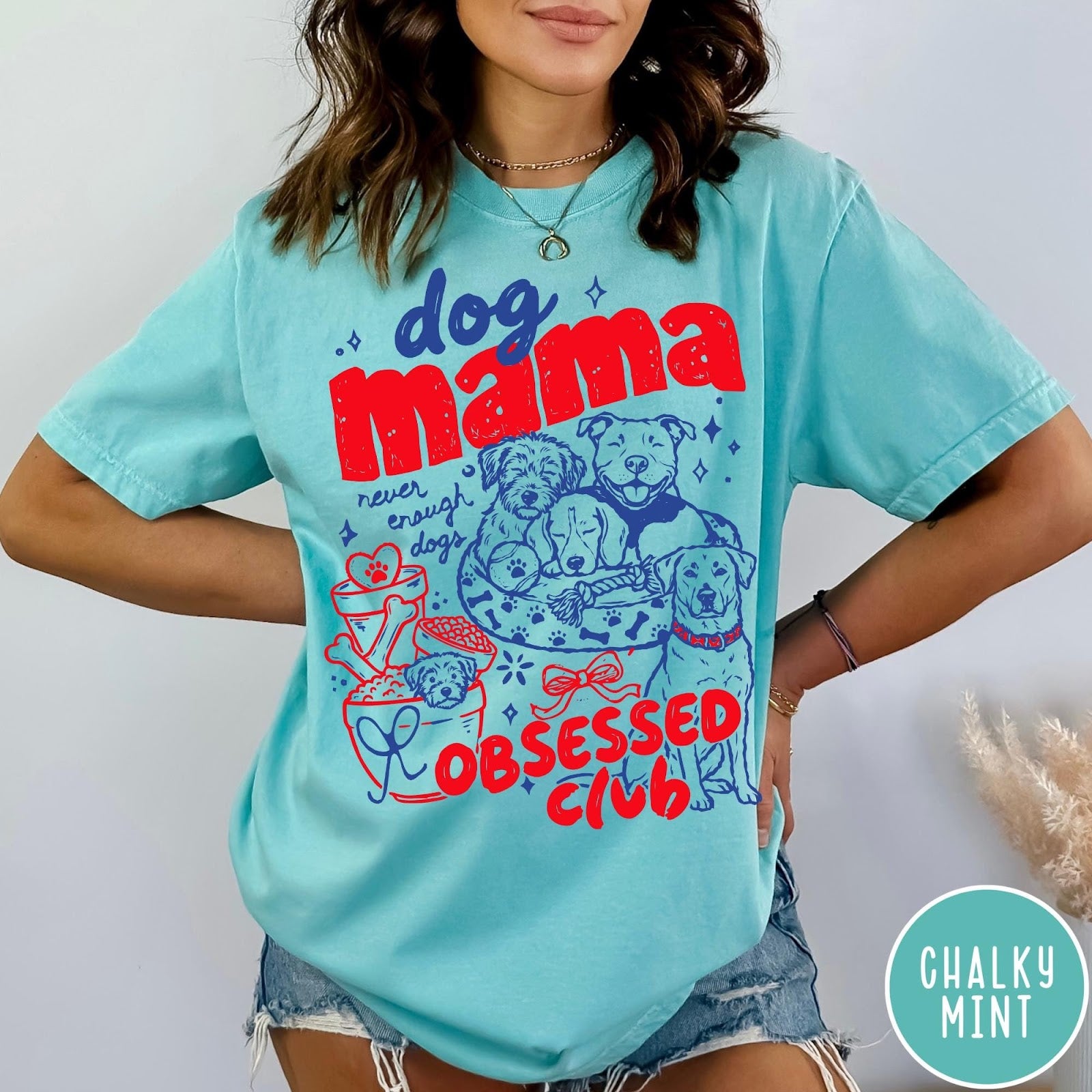 Comfort Colors tee in Chalky Mint featuring dog mom design style with multiple dog breeds and accessories