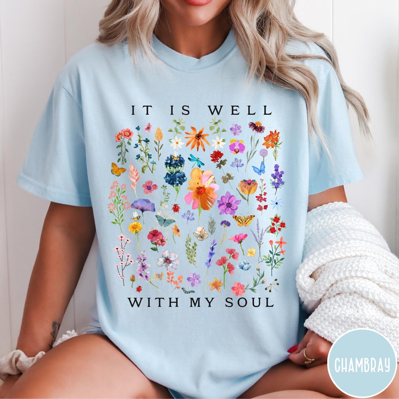 Comfort Colors tee in Chambray featuring wildflower bouquet graphic and It Is Well With My Soul text