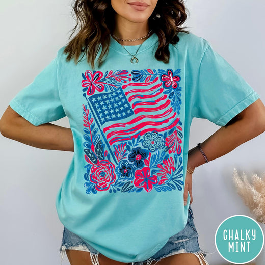Comfort Colors tee in Chalky Mint featuring boho style American flag and floral graphic design