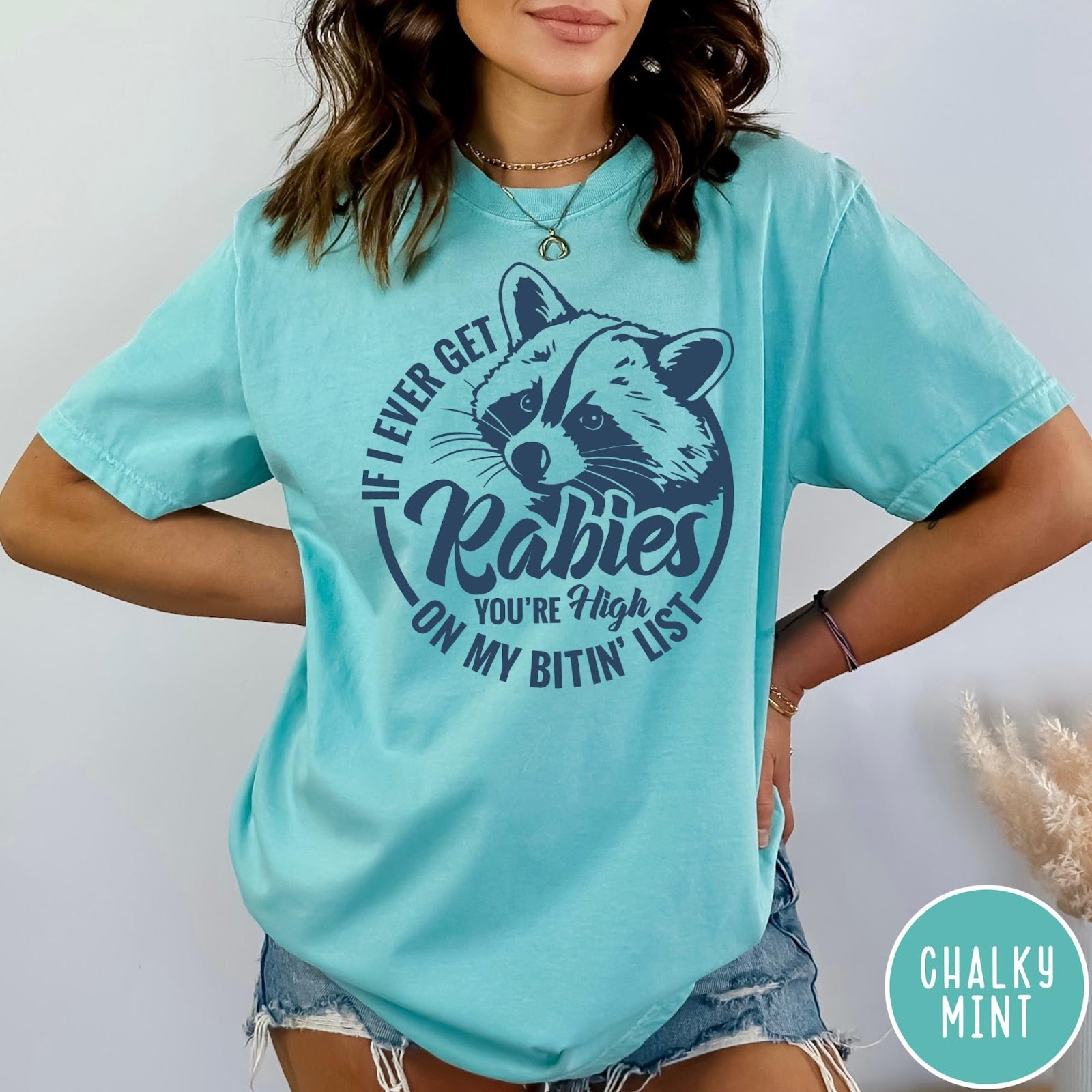 Comfort Colors tee in Chalky Mint featuring screen print style graphic of a raccoon with funny rabies text
