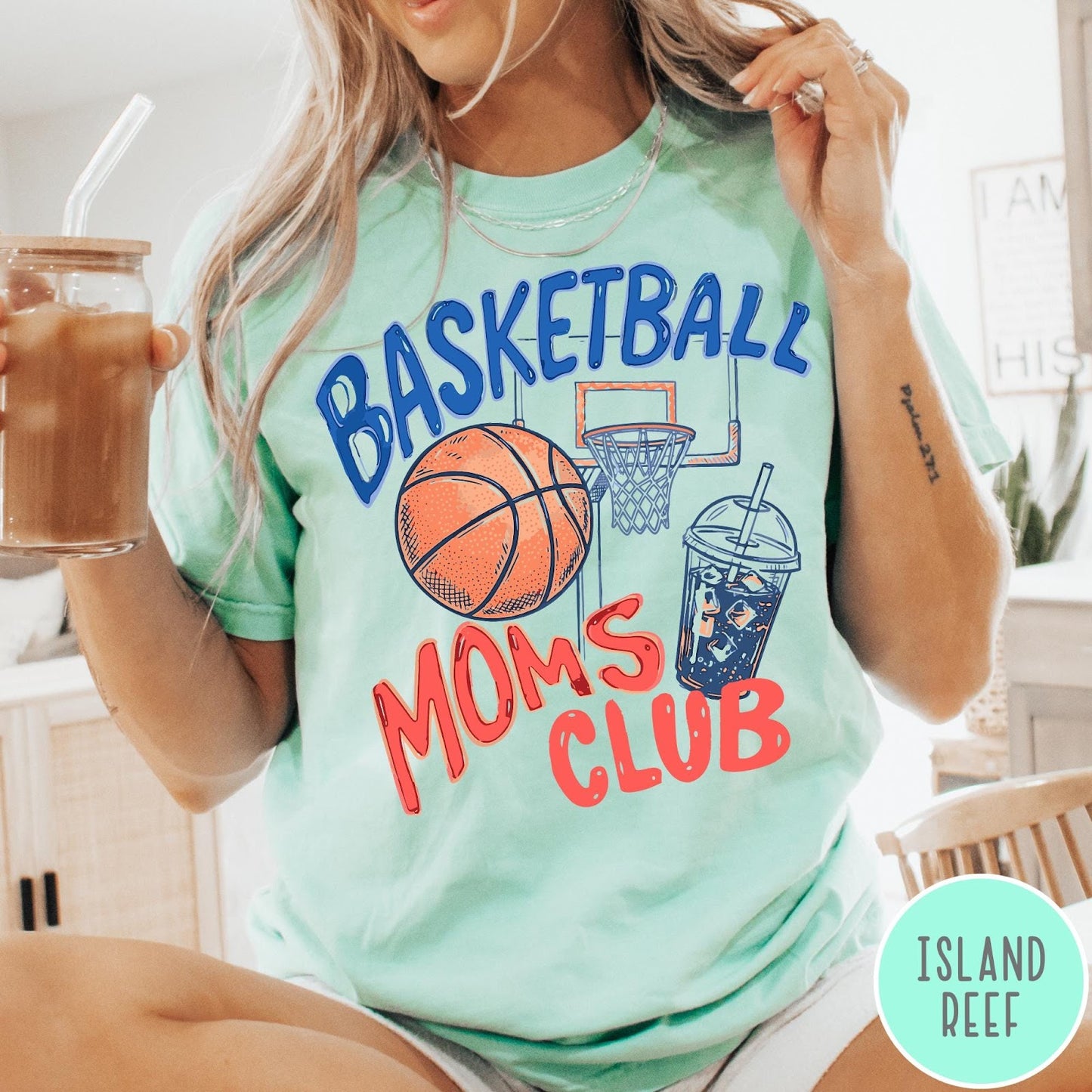 Comfort Colors tee in Island Reef featuring basketball mom life graphic with basketball, hoop, and iced coffee