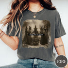 Comfort Colors tee in Pepper featuring vintage style graphic of five witches standing in a circle together