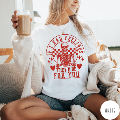 Comfort Colors tee in White featuring skeleton graphic with checkered circle and If I Had Feelings text