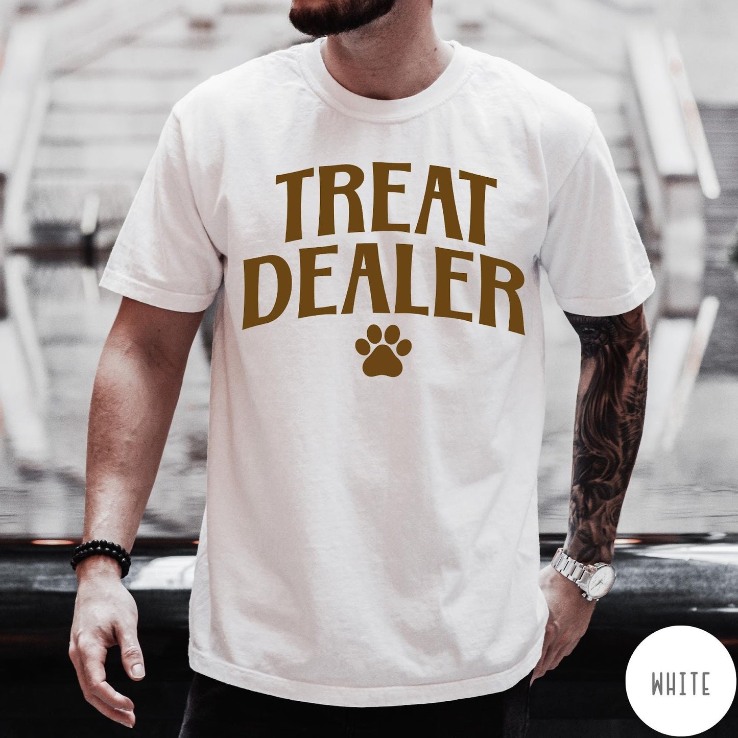 Comfort Colors tee in White featuring dog owner design with Treat Dealer text and a paw print
