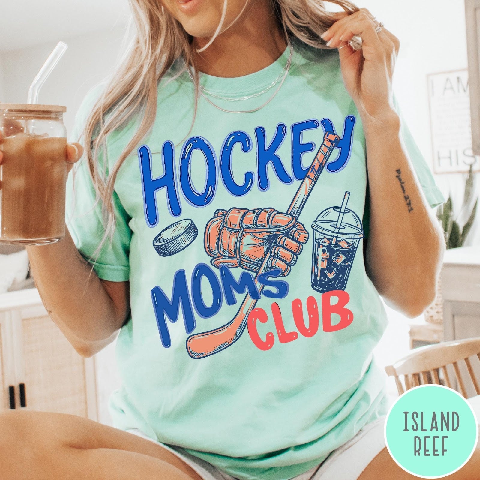 Comfort Colors tee in Island Reef featuring hockey mom lifestyle graphic with hockey glove, puck, and drink