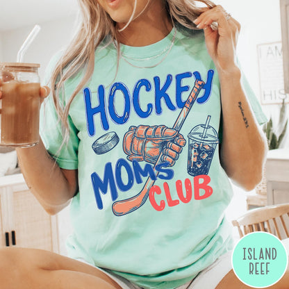 Comfort Colors tee in Island Reef featuring hockey mom lifestyle graphic with hockey glove, puck, and drink