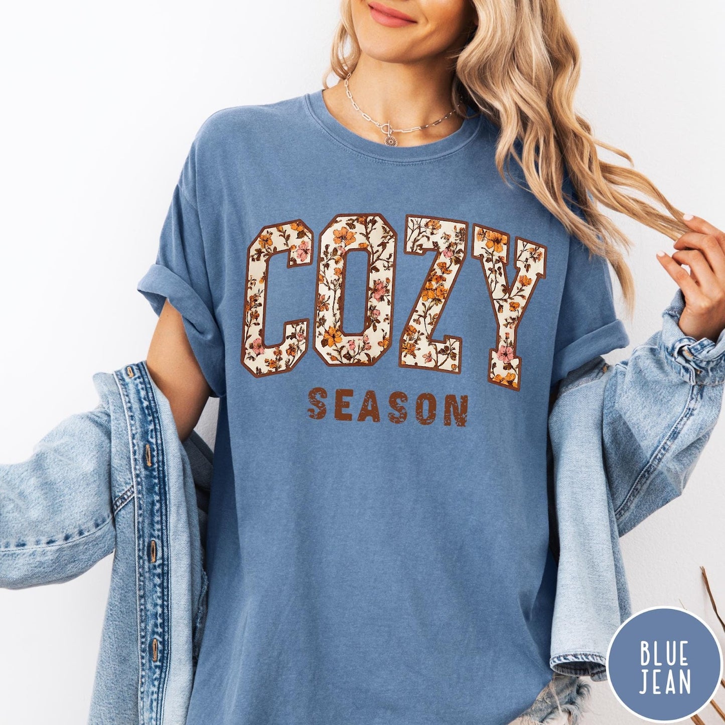 Comfort Colors tee in Blue Jean featuring autumnal floral typography with a cozy season graphic design