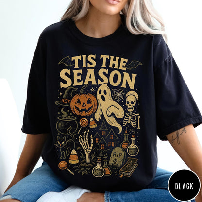Comfort Colors tee in Black featuring vintage style Halloween icons collage with pumpkin, ghost, skeleton, and potions