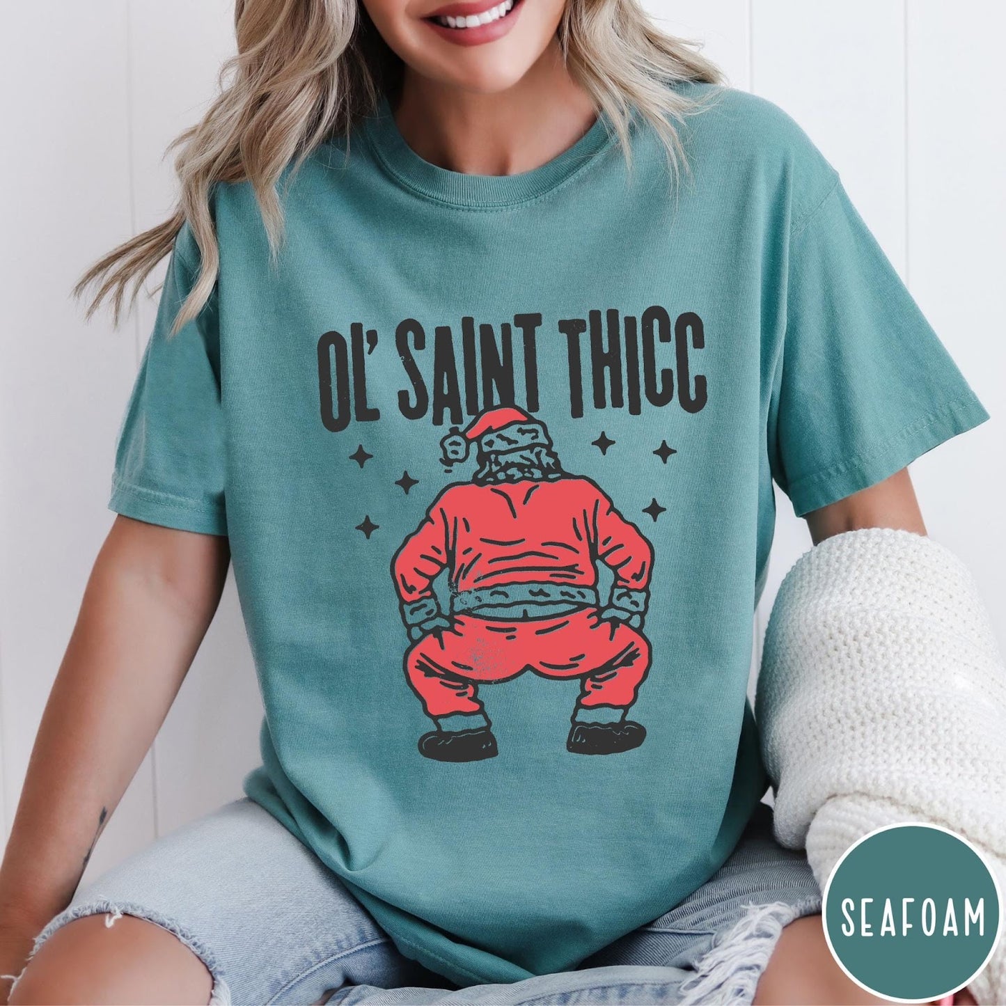 Comfort Colors tee in Seafoam featuring festive graphic style Santa Claus doing a dance move with stars
