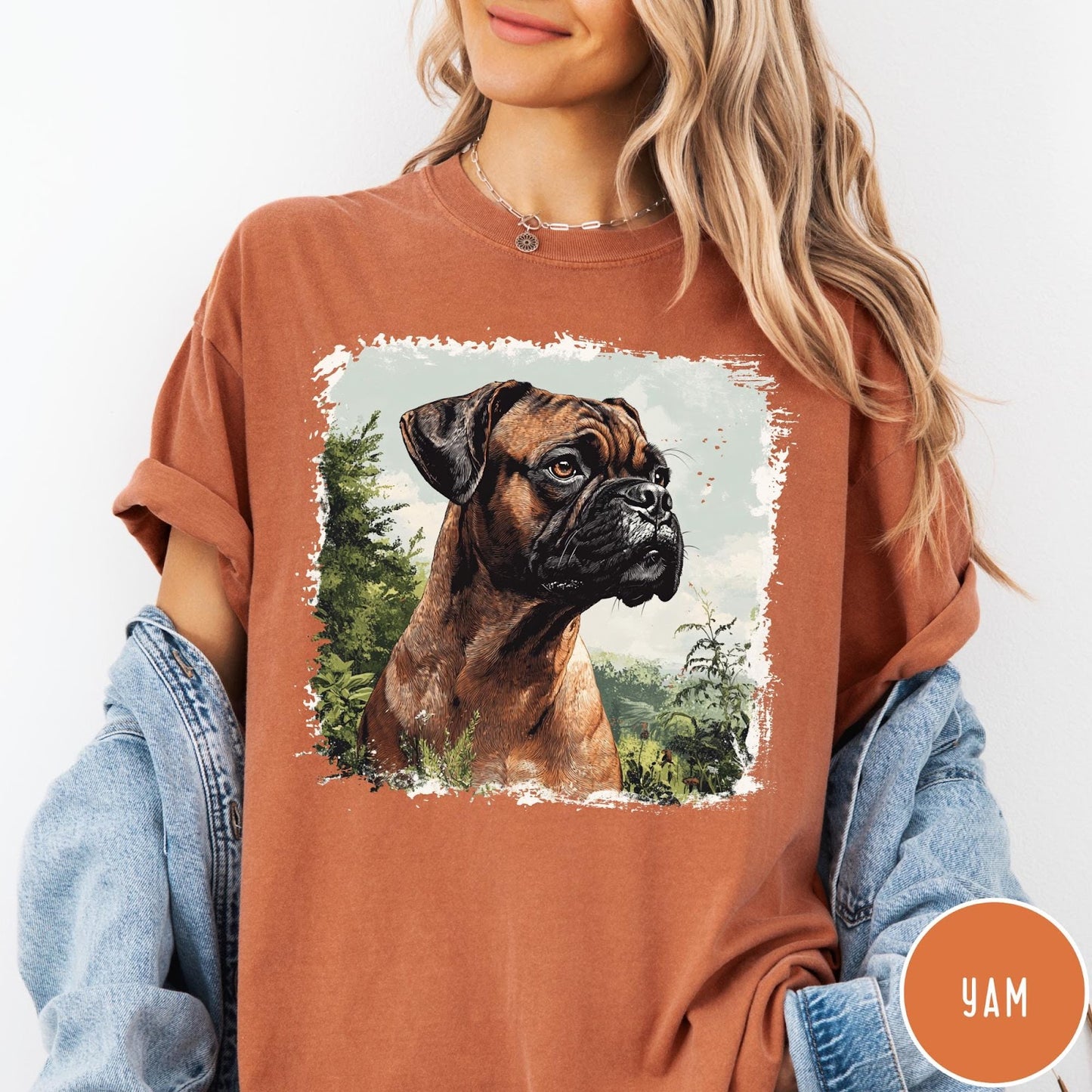 Comfort Colors tee in Yam featuring vintage style graphic of a Boxer dog in a forest setting