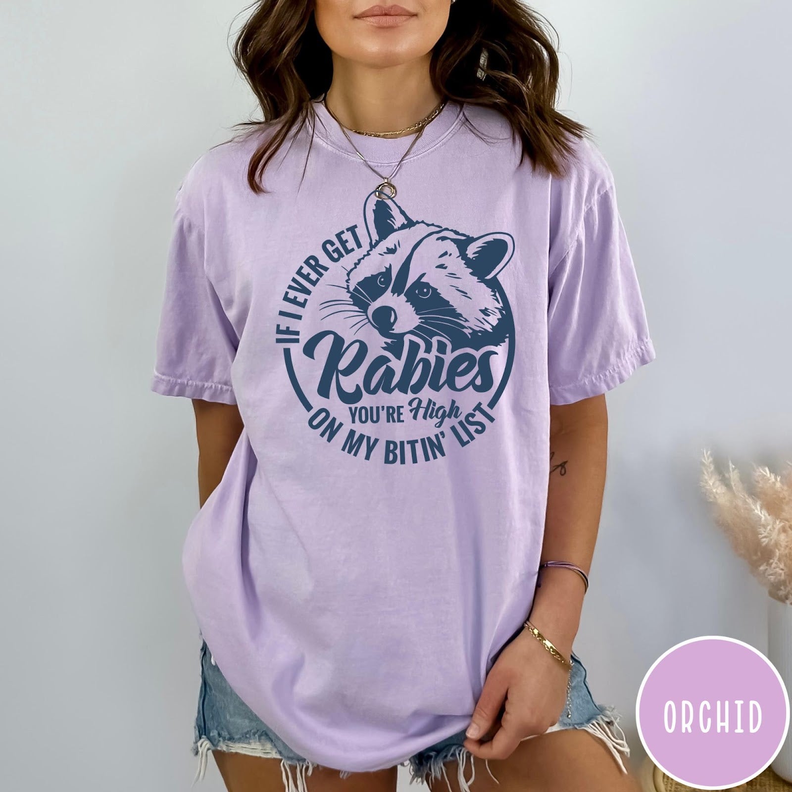 Comfort Colors tee in Orchid featuring screen print style graphic of a raccoon with funny rabies text