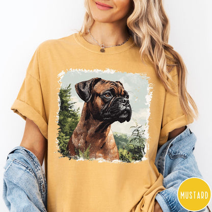 Comfort Colors tee in Mustard featuring vintage style graphic of a Boxer dog in a forest setting