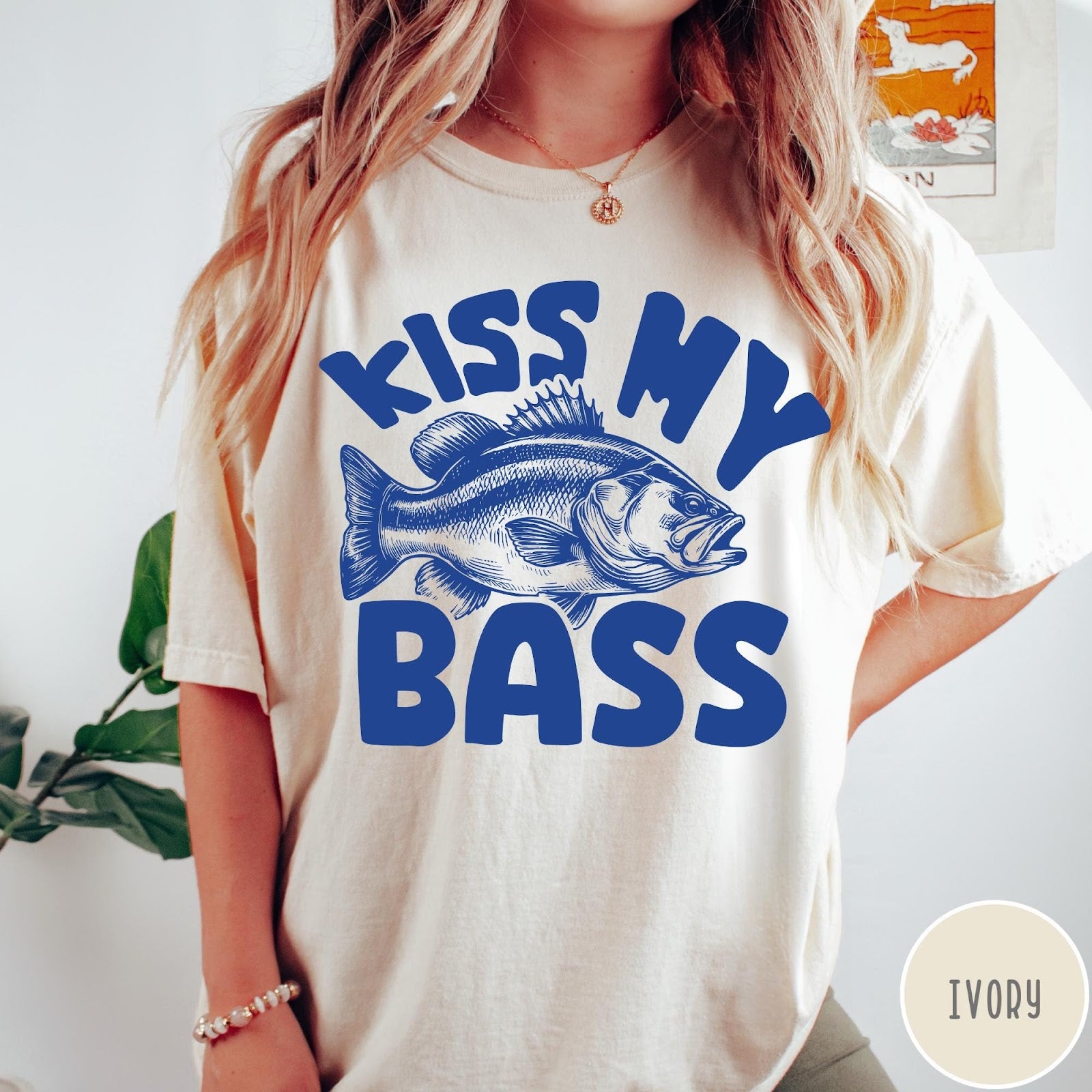 Comfort Colors tee in Ivory featuring retro fishing style graphic with a bass fish and bold text