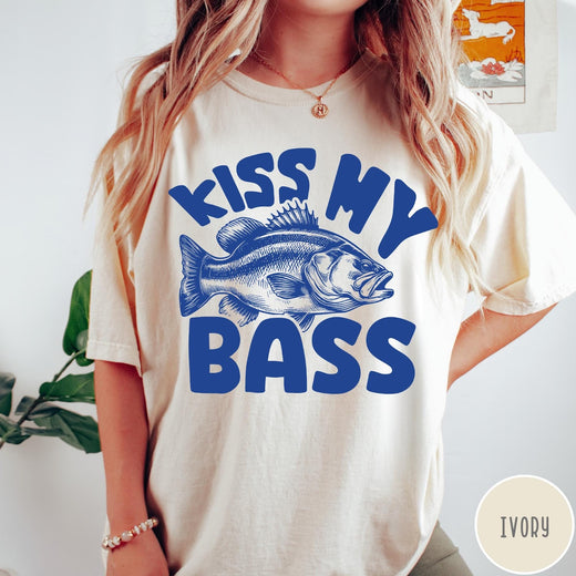 Comfort Colors tee in Ivory featuring retro fishing style graphic with a bass fish and bold text