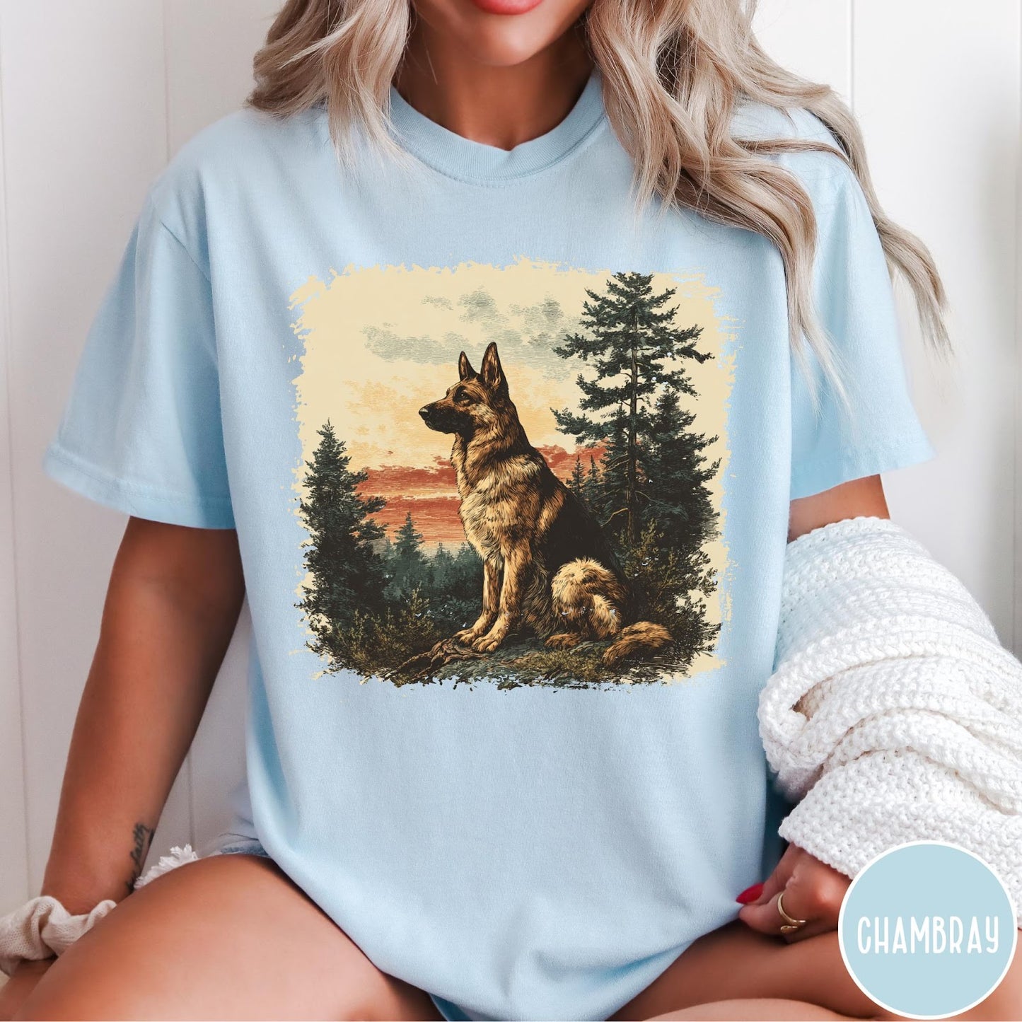 Comfort Colors tee in Chambray featuring vintage style graphic of a German Shepherd sitting in a forest