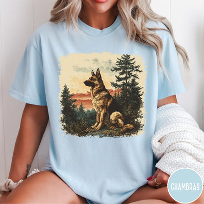 Comfort Colors tee in Chambray featuring vintage style graphic of a German Shepherd sitting in a forest