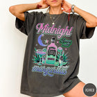 Comfort Colors tee in Pepper featuring retro style graphic with tequila bottle, margarita glass, and moon.