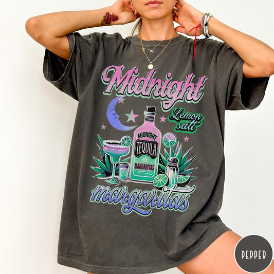 Comfort Colors tee in Pepper featuring retro style graphic with tequila bottle, margarita glass, and moon.
