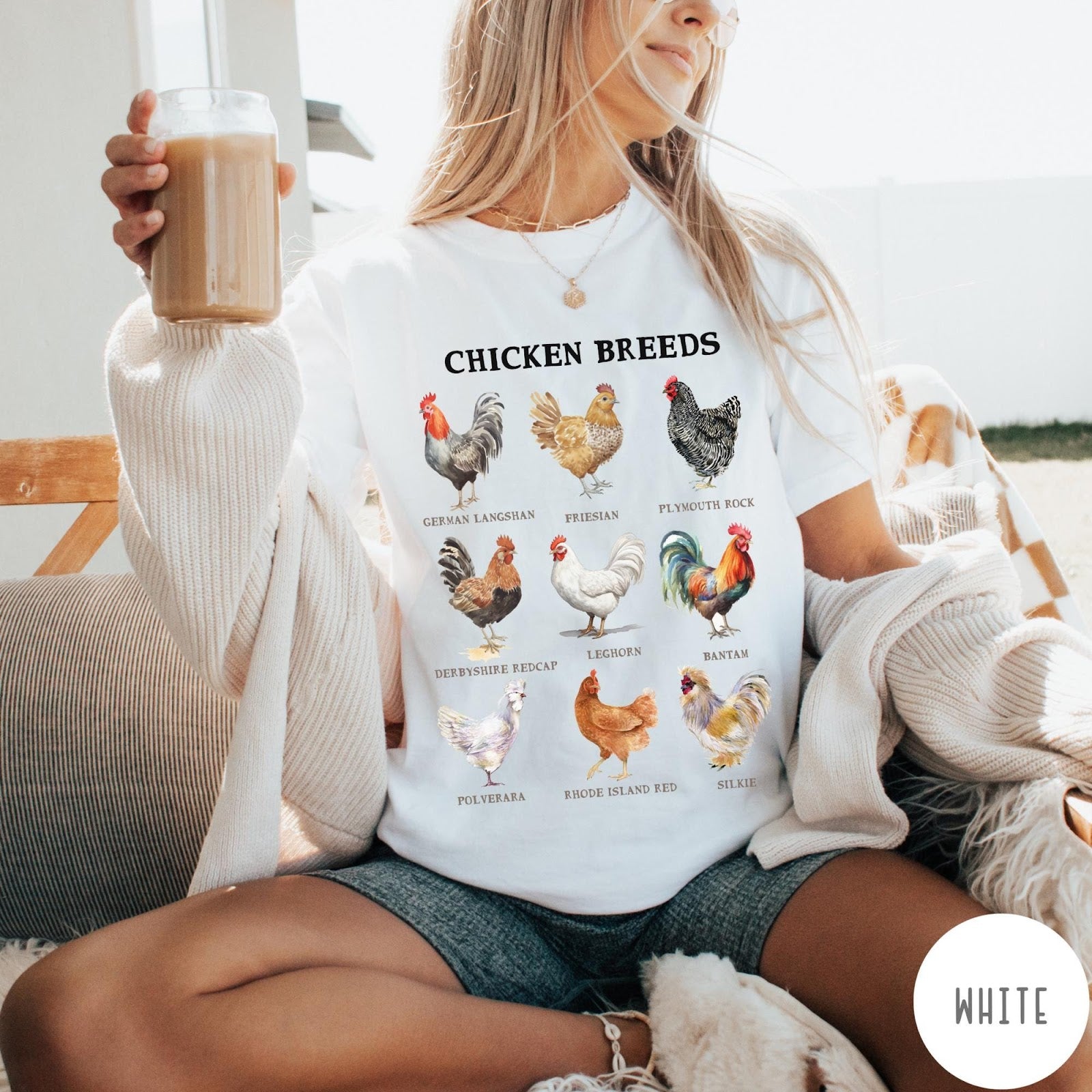Comfort Colors tee in White featuring vintage style graphic illustration of nine different chicken breeds with labels
