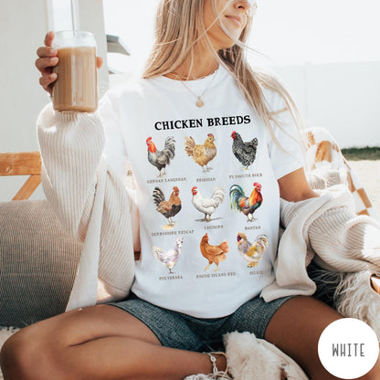 Comfort Colors tee in White featuring vintage style graphic illustration of nine different chicken breeds with labels