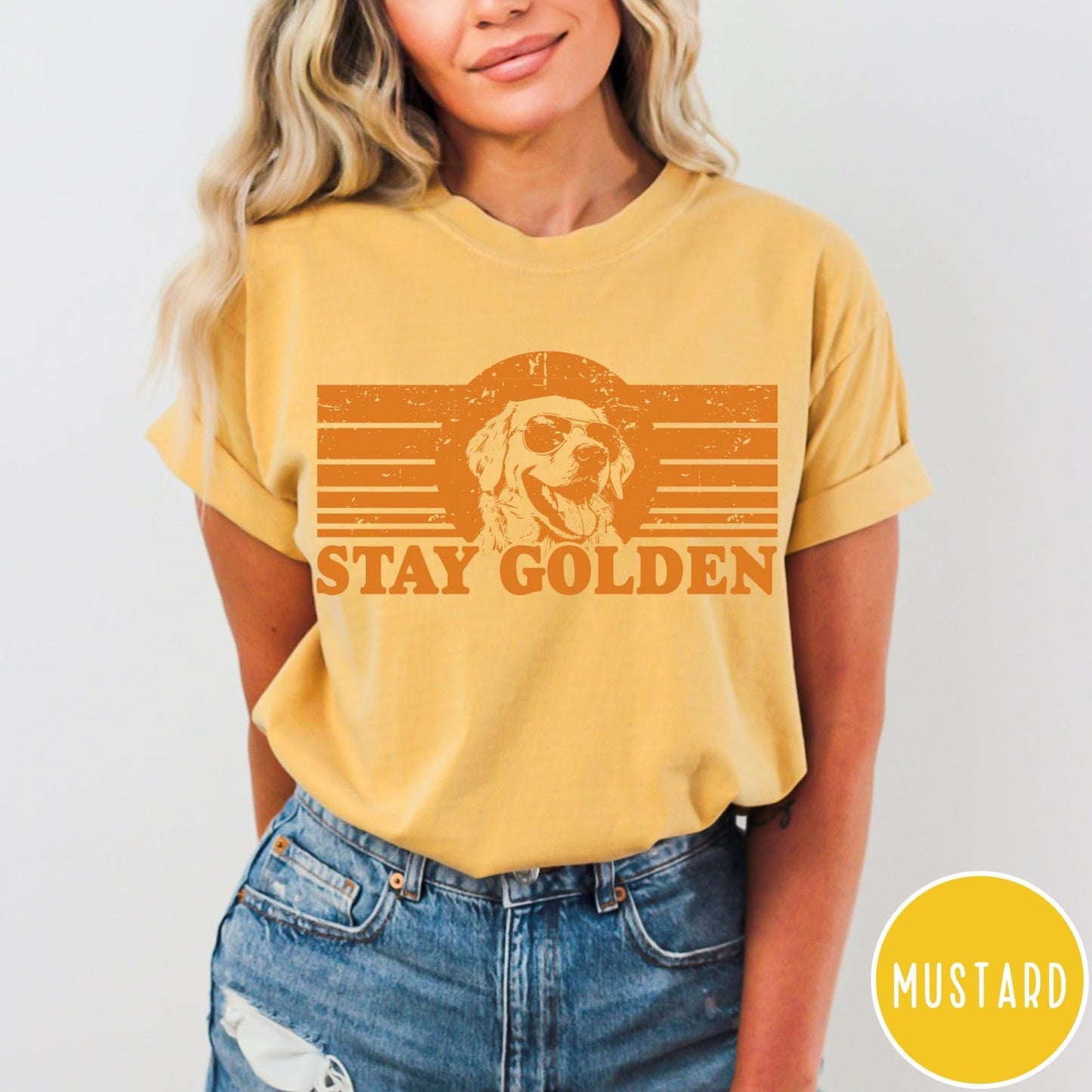 Comfort Colors tee in Mustard featuring vintage style graphic of a Golden Retriever wearing sunglasses and text