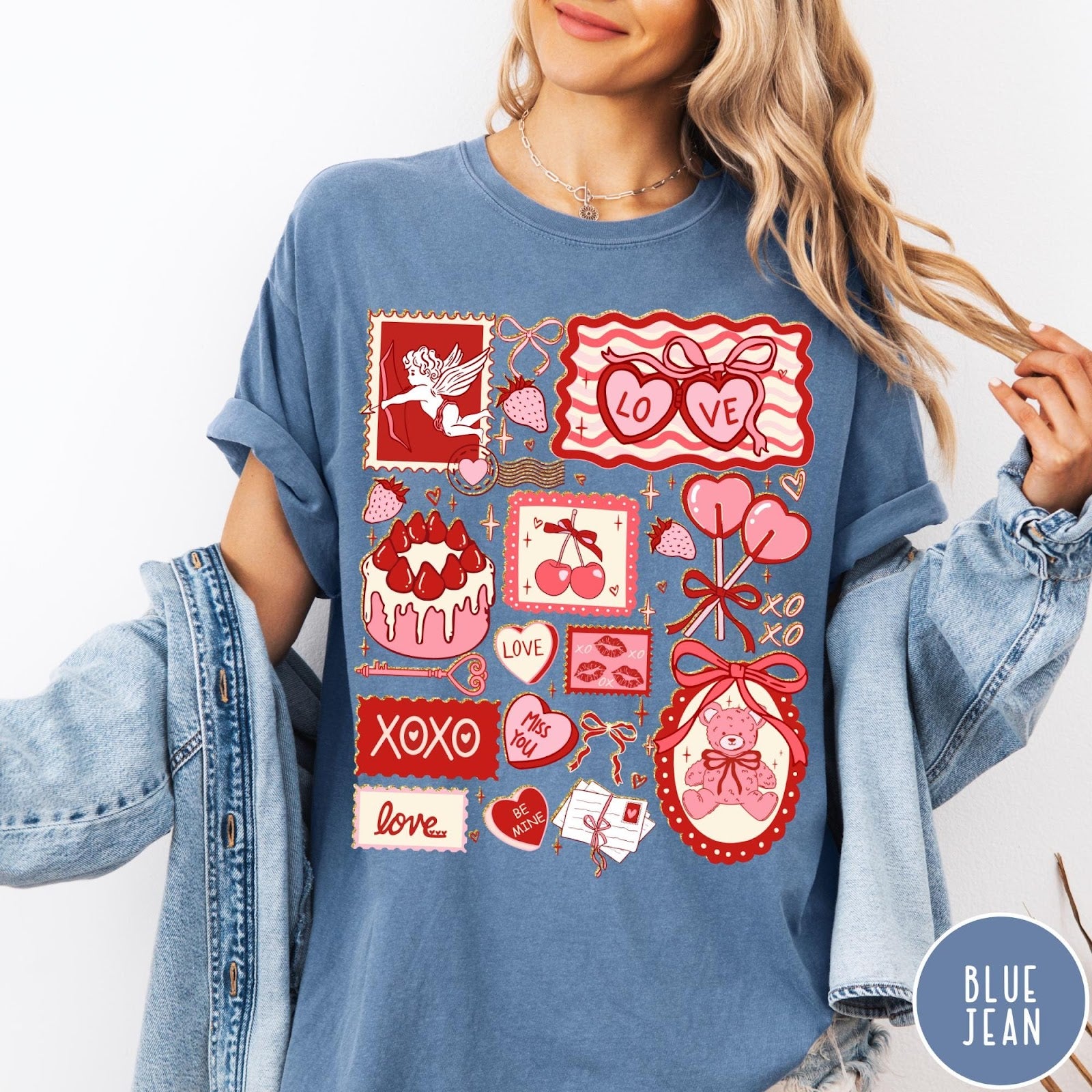 Comfort Colors tee in Blue Jean featuring vintage collage design with cupid, teddy bear, and Valentine's Day icons