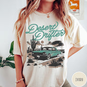 Comfort Colors tee in Ivory featuring vintage style graphic of a classic car in a desert landscape