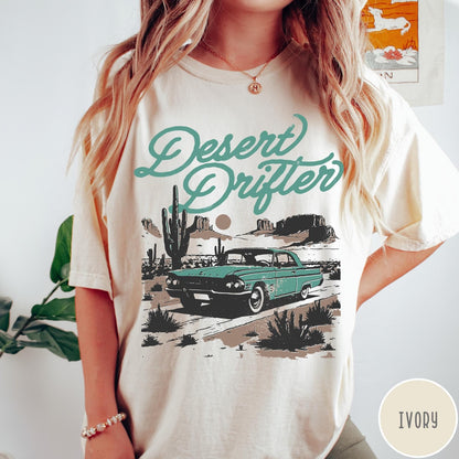 Comfort Colors tee in Ivory featuring vintage style graphic of a classic car in a desert landscape