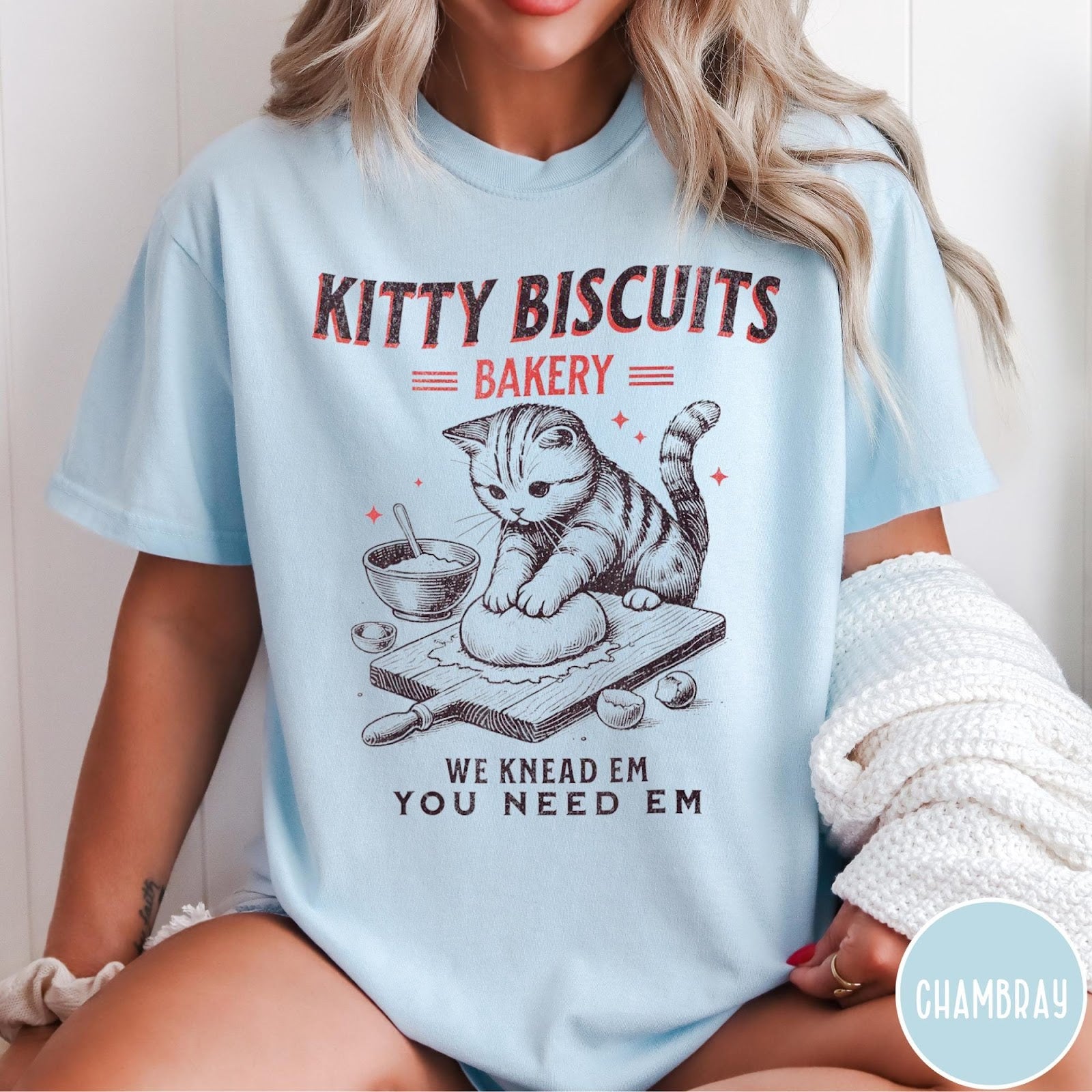 Comfort Colors tee in Chambray featuring vintage style graphic of a cute cat kneading dough for biscuits