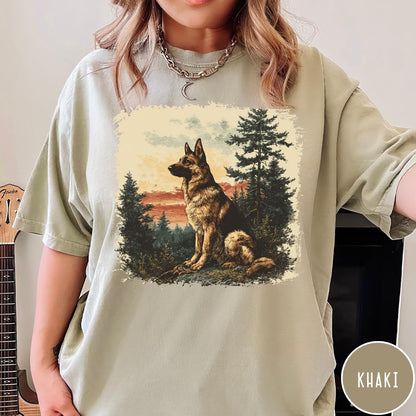 Comfort Colors tee in Khaki featuring vintage style graphic of a German Shepherd sitting in a forest