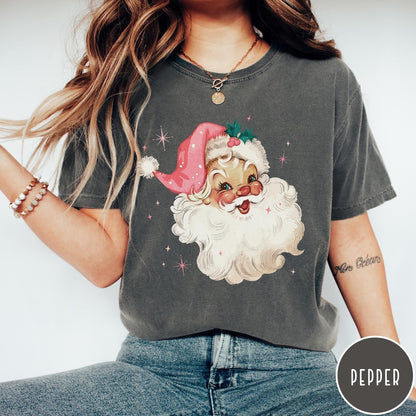 Comfort Colors tee in Pepper featuring retro Christmas style graphic of a smiling Santa Claus with pink hat