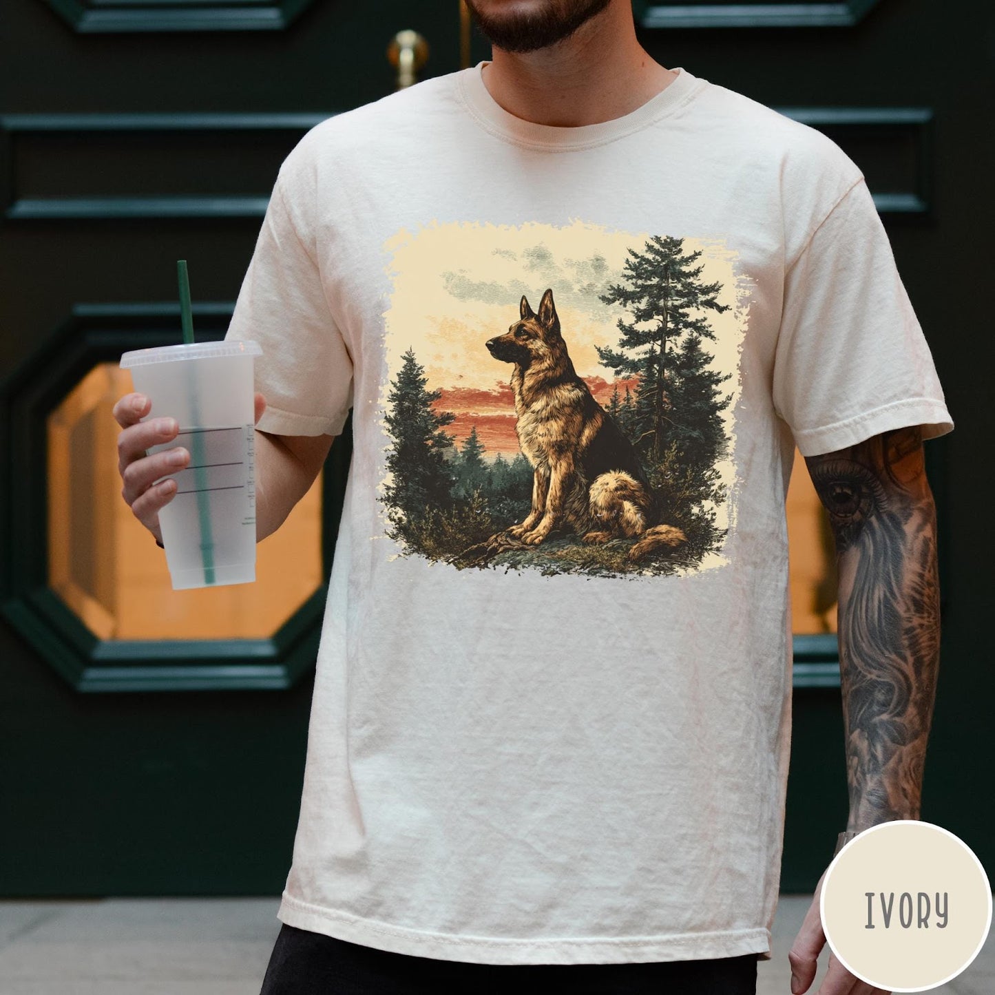 Comfort Colors tee in Ivory featuring vintage style graphic of a German Shepherd sitting in a forest