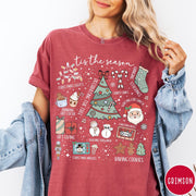 Comfort Colors tee in Crimson featuring festive holiday graphic with Christmas icons like a tree and cocoa