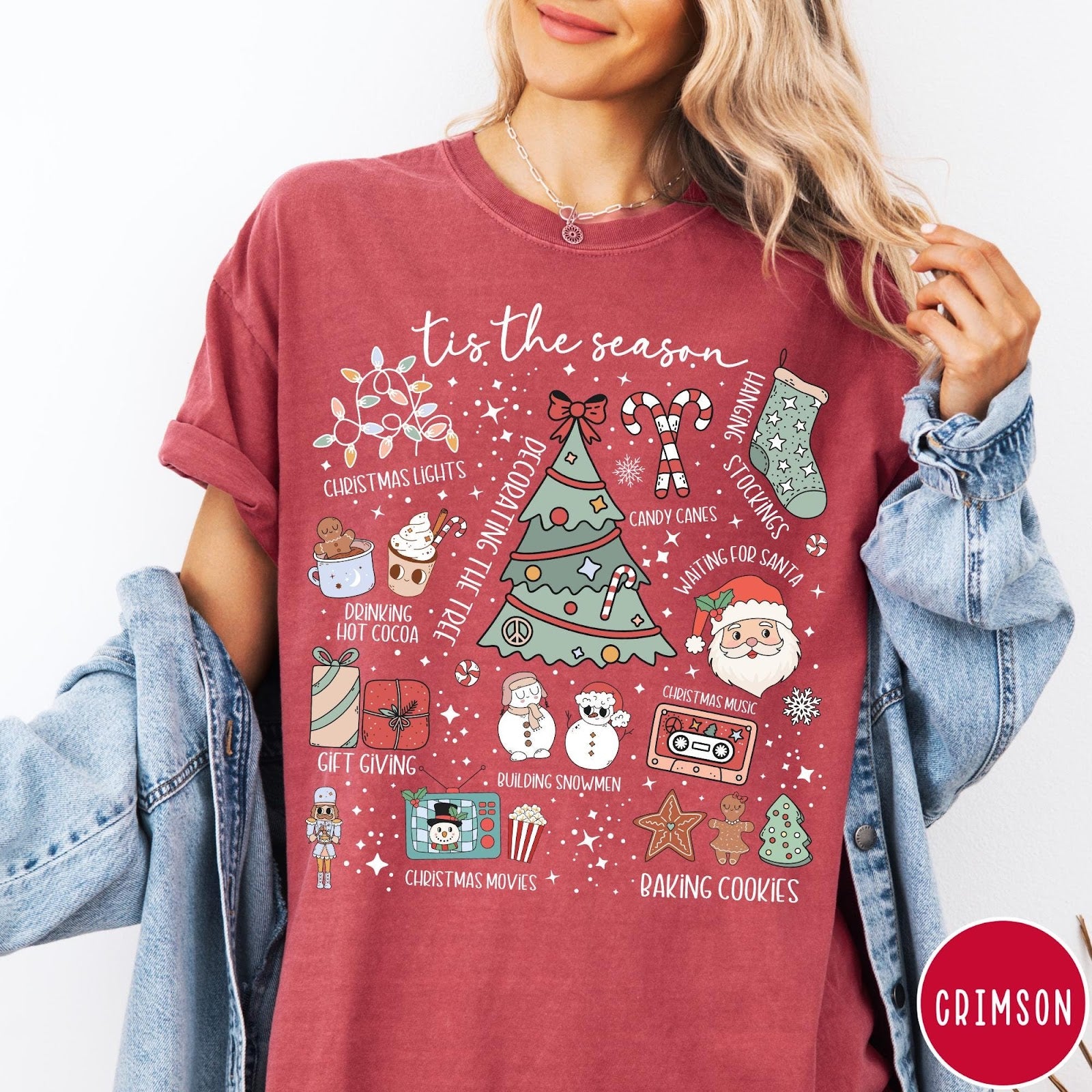 Comfort Colors tee in Crimson featuring festive holiday graphic with Christmas icons like a tree and cocoa